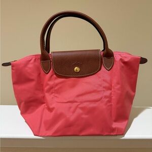 Longchamp Size M - Coral Nylon Mini Tote with Brown Leather Trim